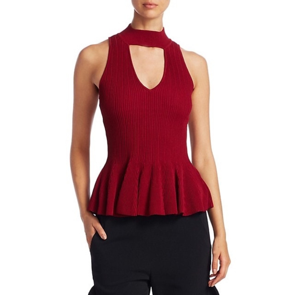 Jonathan Simkhai Red Ribbed Cutout Peplum Chocker Mock-neck Top L